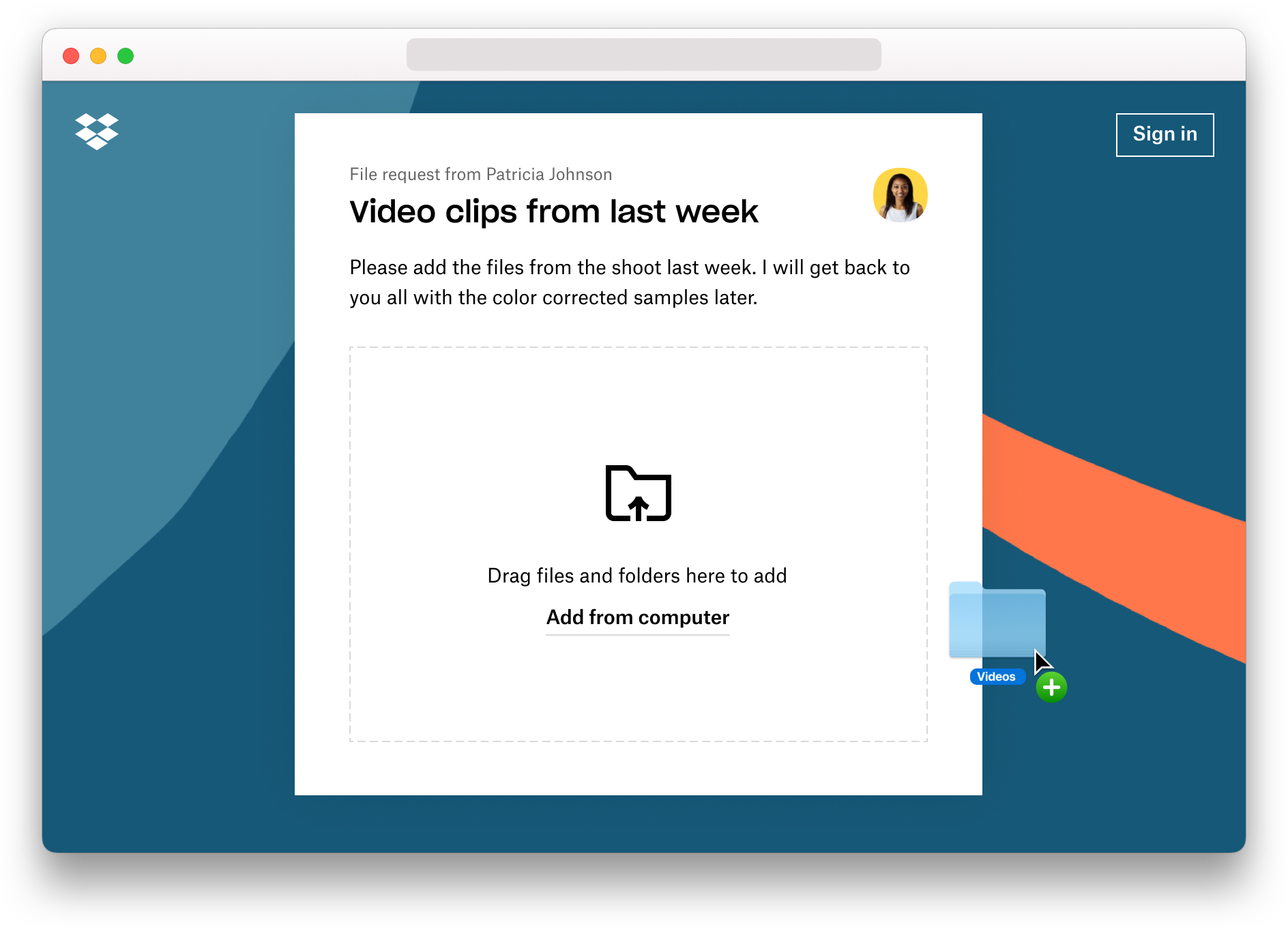Screenshot of someone uploading a folder using Dropbox file requests
