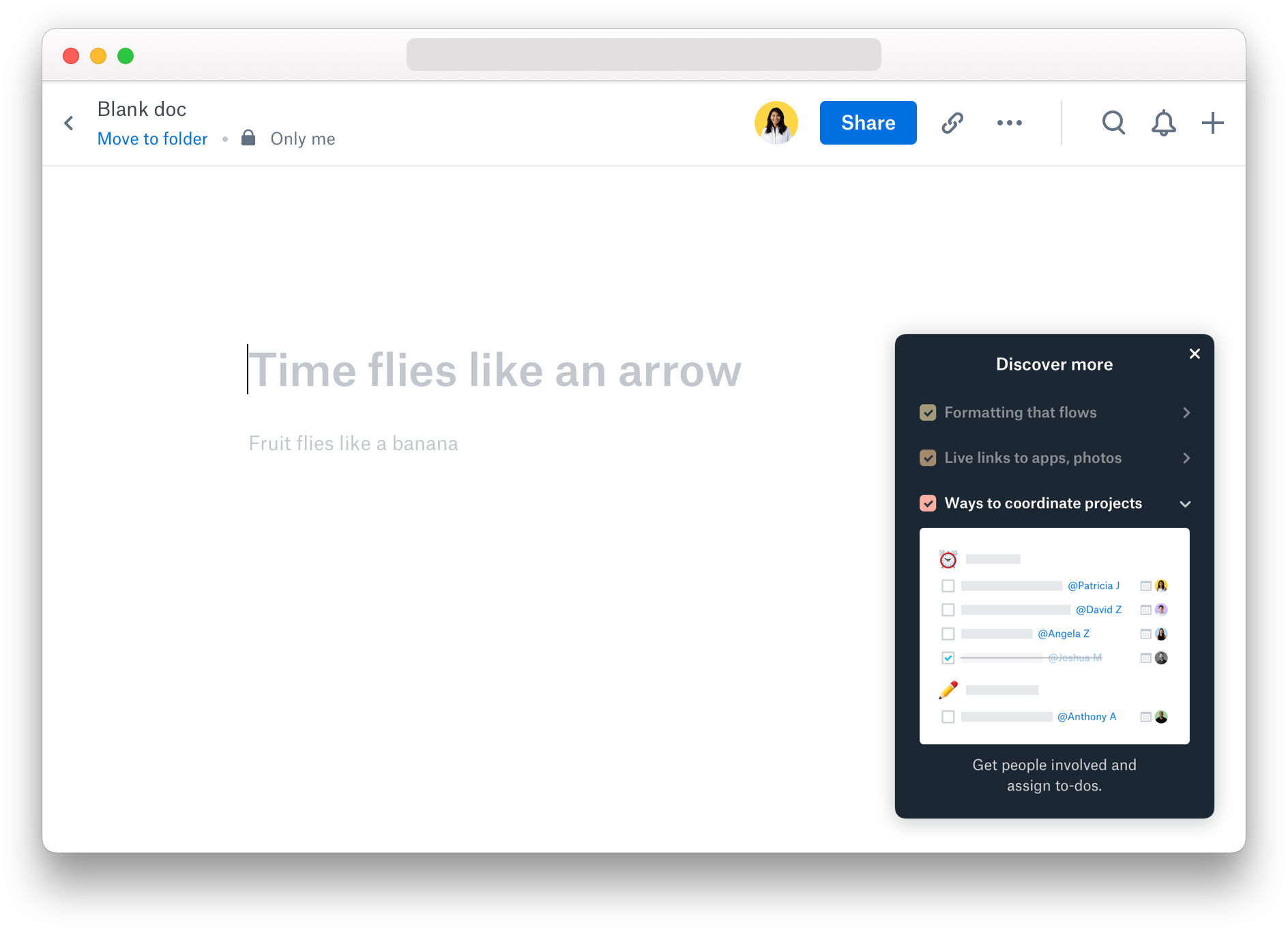 Menu showing how to get started in Dropbox Paper