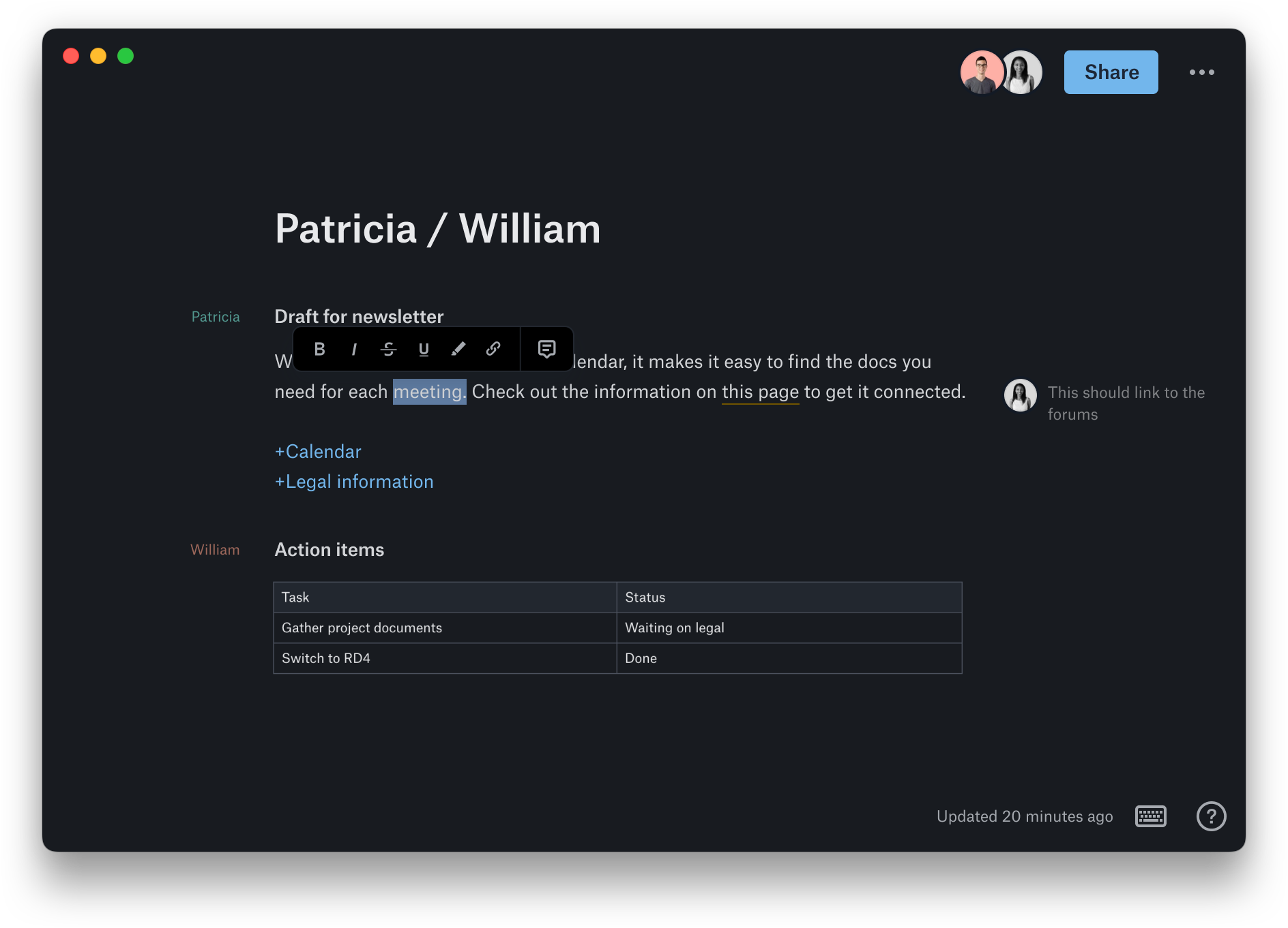 Screenshot of the dark theme for Dropbox Paper